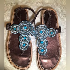 Donald J Pliner brown/turquoise, embellished, wedge sandals, size 10